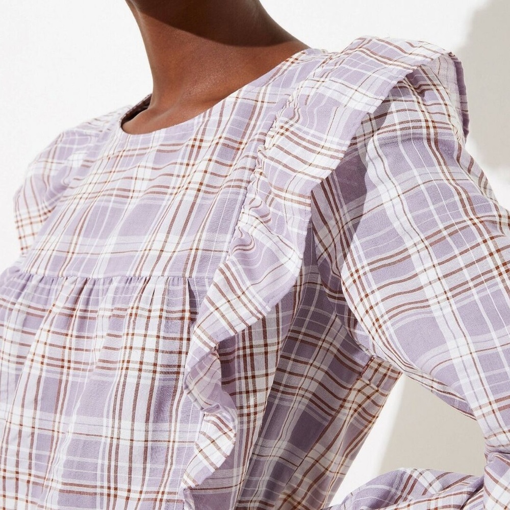 LOFT Frosted Lavender Ruffled Plaid Blouse Size Small - Picture 4 of 11